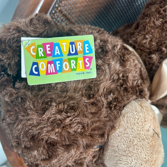 NWT Creature Comforts Soft Stuffed Brown Teddy Bear with Gold Satin Bow - Picture 5 of 6